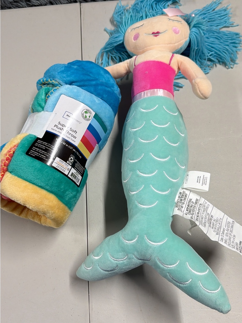 Plush Mermaid Doll in Aqua & Pink with blanket